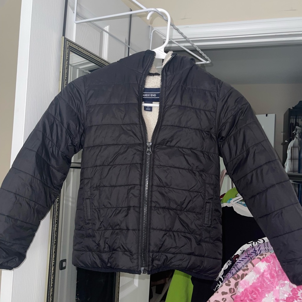 Lands end boys children winter Sherpa fleece jacket kids lined Euc hooded winter
